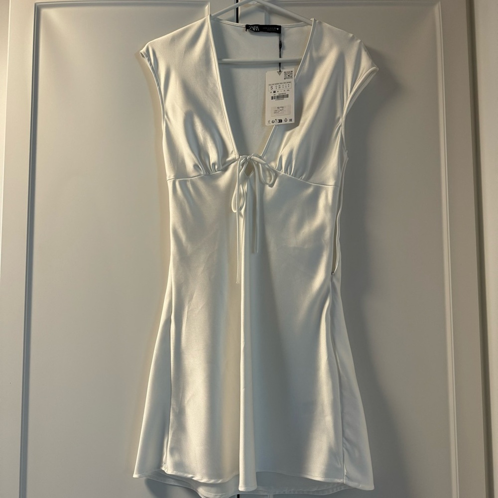 Zara White Satin V-Neck Dress
